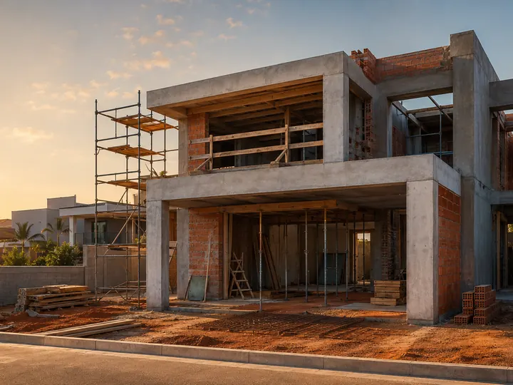 Casa residencial em construção com estrutura de alvenaria