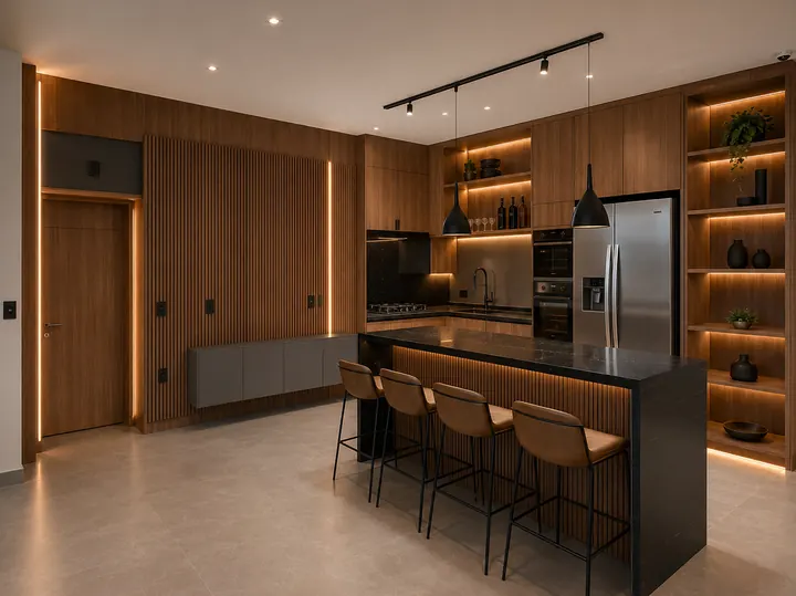 Cozinha planejada instalada com iluminação e acabamento