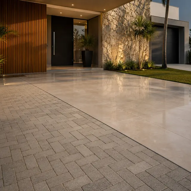 Pavers e piso polido em entrada e calçada