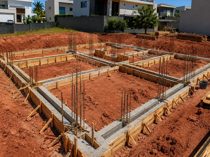 Fundação com ferragem e concreto executada em obra residencial