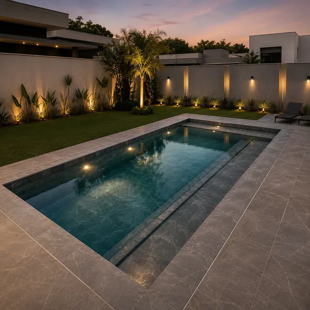 Piscina com revestimento aplicado e área externa acabada