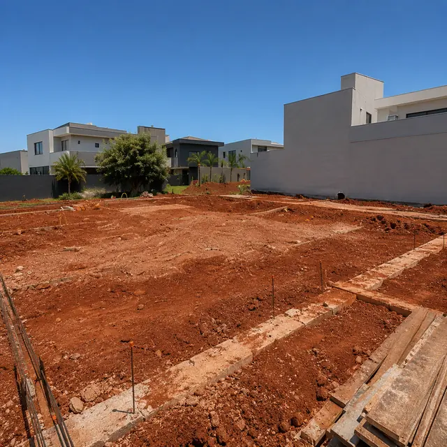 Início da obra com valas abertas no terreno