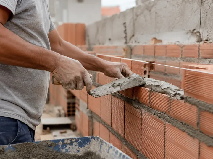 Pedreiro assentando tijolos com colher de pedreiro em obra