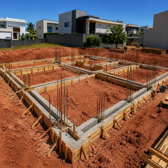 Fundação com ferragem e concreto em obra residencial